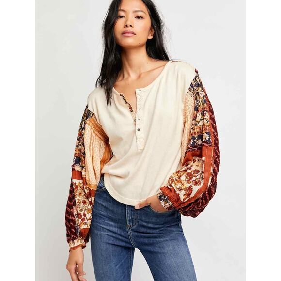 Free People Patchwork Thermal Top XS Light Magic Henley Ivory Boho Balloon